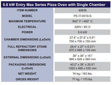 Omcan 40635 Single Chamber Pizza Oven Entry Max Series 5.6KW Specifications