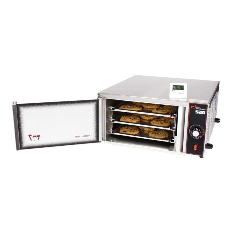 wisco 520 compact convection oven front door open with cookies