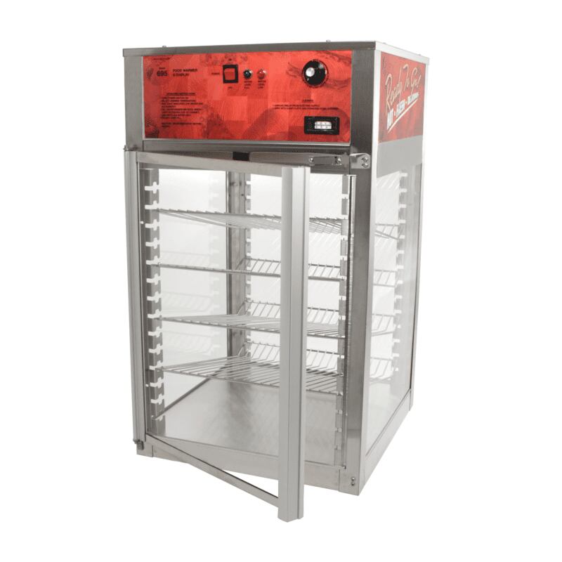 wisco 695d merchandiser warmer display cabinet for food products back door open