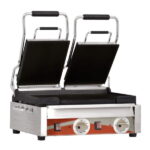 omcan 21466 double panini smooth top bottom grill 10 x 18 side front lids up