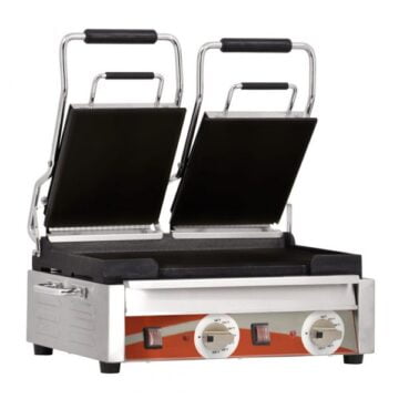 Omcan 21466 Double Panini Smooth Top & Bottom Grill 10" x 18" Side Front Lids Up