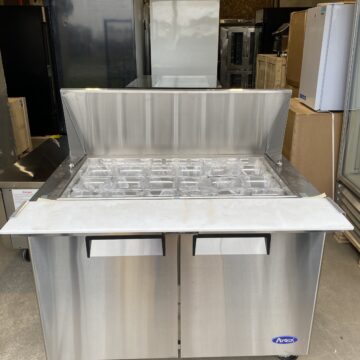 Full view of sandwich preparation table cooler with lid open