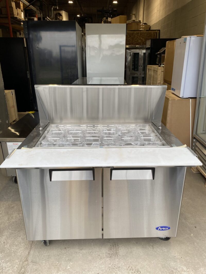 Full view of sandwich preparation table cooler with lid open