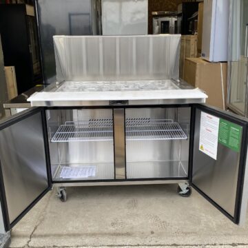 Full view of sandwich preparation table cooler both cooler doors and lid open