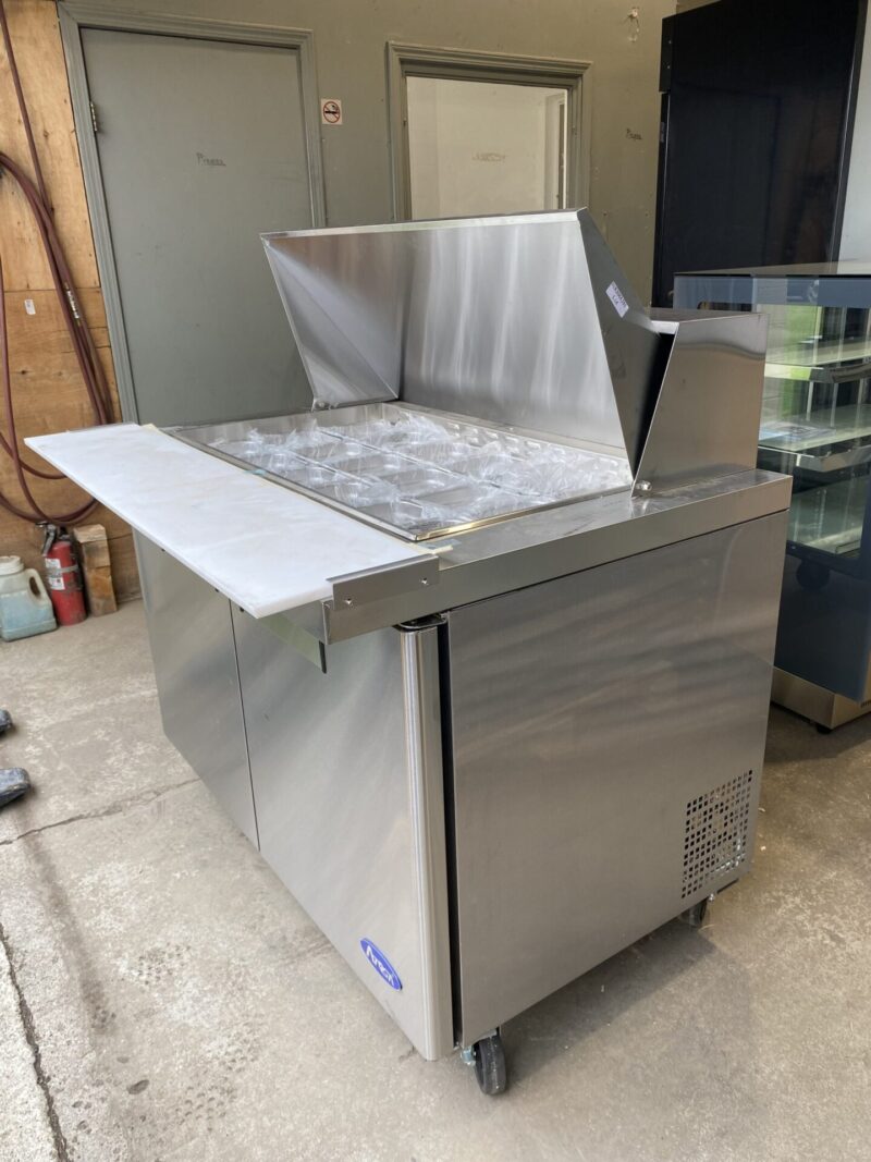 Right side view of sandwich preparation table cooler with lid open