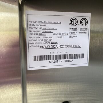Specifications label for sandwich preparation table cooler