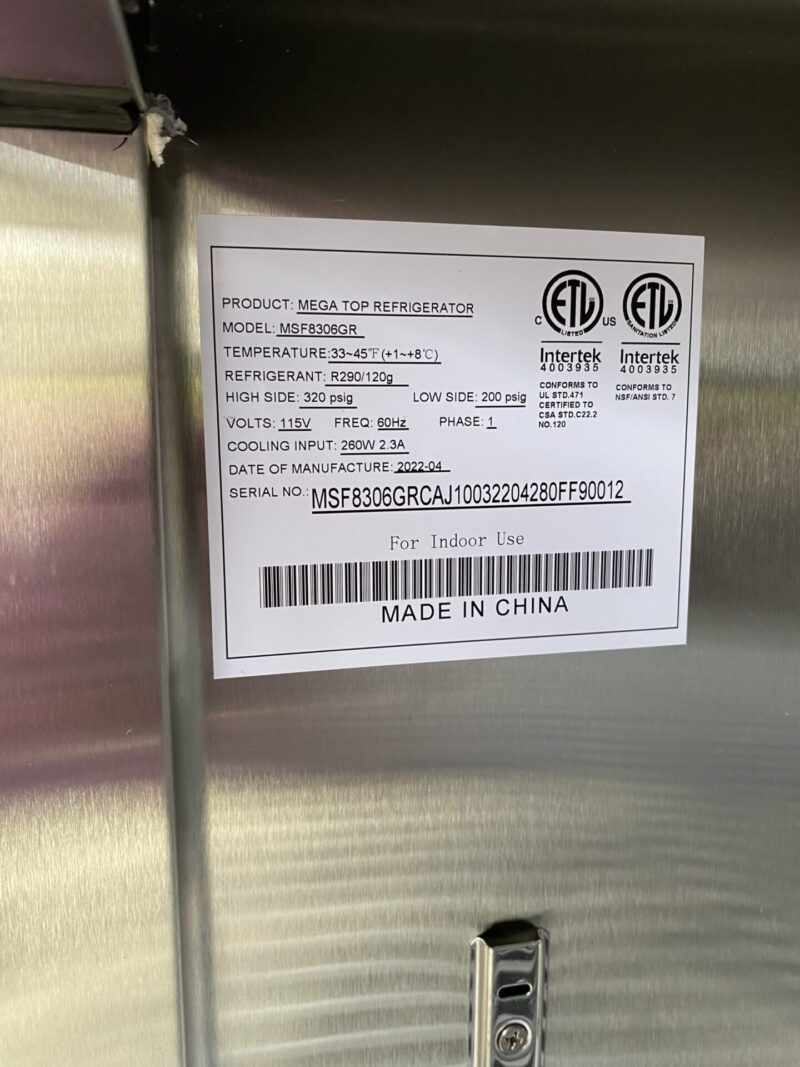 Specifications label for sandwich preparation table cooler