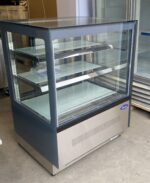 Angled left view 3 shelf glass cooler with stainless steel base