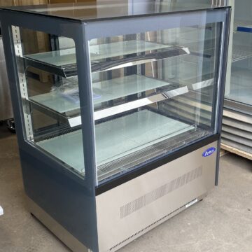 Angled left view 3 shelf glass cooler with stainless steel base