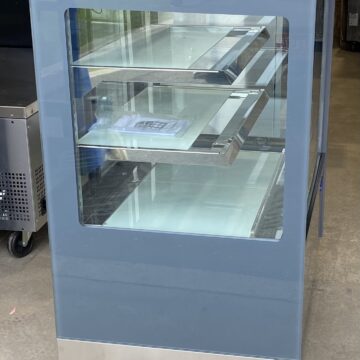 Left side view 3 shelf glass cooler with stainless steel base