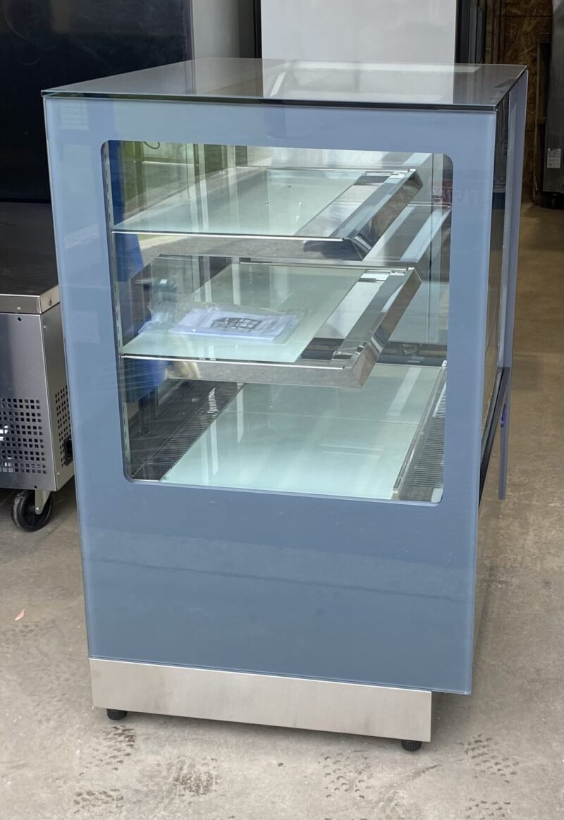 Left side view 3 shelf glass cooler with stainless steel base