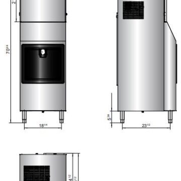 Atosa hotel ice machine drawings of front, side, and top