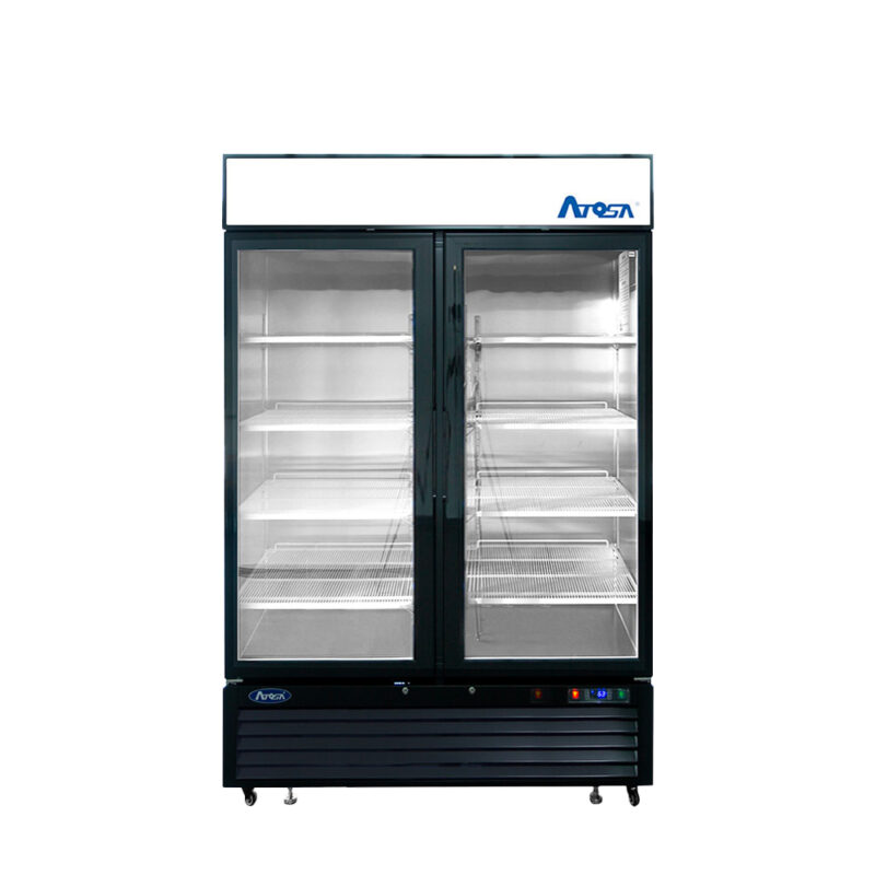 Front view on a commercial freezer with 2 closed doors and shelving inside