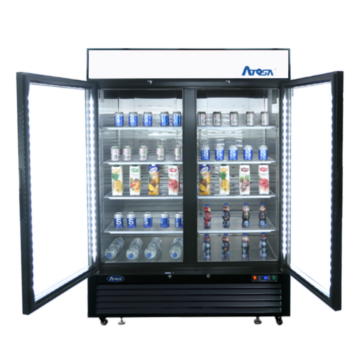 Front view of a commercial freezer with 2 doors open and beverage containers on the shelving inside