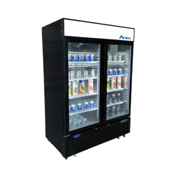 Angled view of the left side of a commercial freezer with 2 doors that are closed and beverage containers on the shelves inside