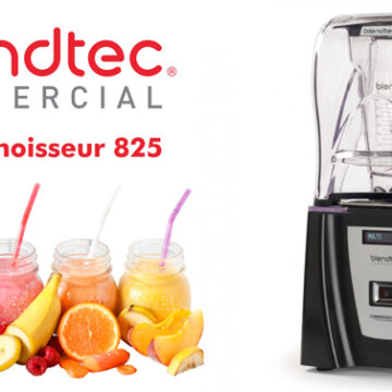 Image of Blendtec blender with variety of blended drinks and fruit