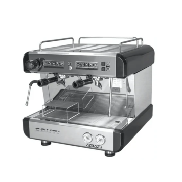 Angled front view silver and black double espresso machine with front control panel