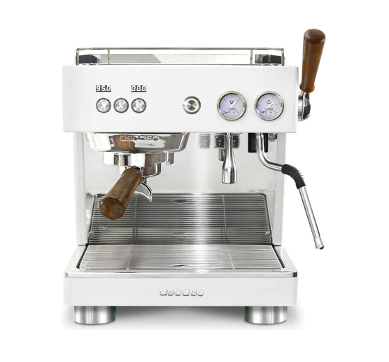 Front view white with wooden handles front control panel espresso machine