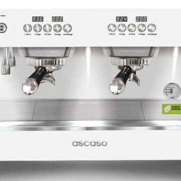 Large white double brew espresso machine, 2 frothers with controls along the front