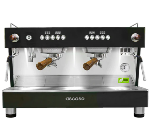 Front view black and silver with wooden handles double espresso machine