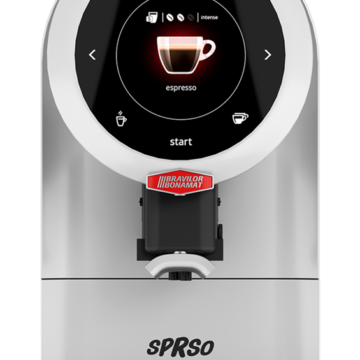 Single brew SPRSO espresso machine silver and black, control panel on front