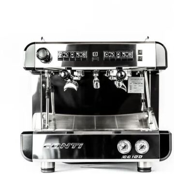 Front view silver and black double brew espresso machine with front controls