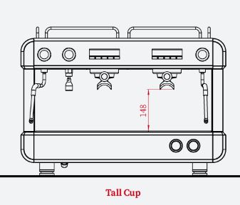 Diagram and tall cup dimensions for espresso machine front view