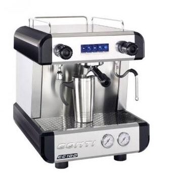 Angled front view espresso machine silver and black