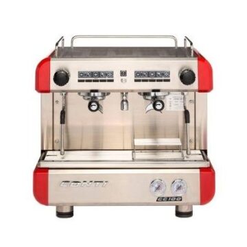 Front view silver and red double brew espresso machine with front controls