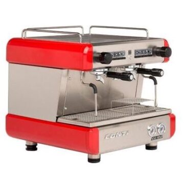 Angled side front view silver and red double brew espresso machine with front controls