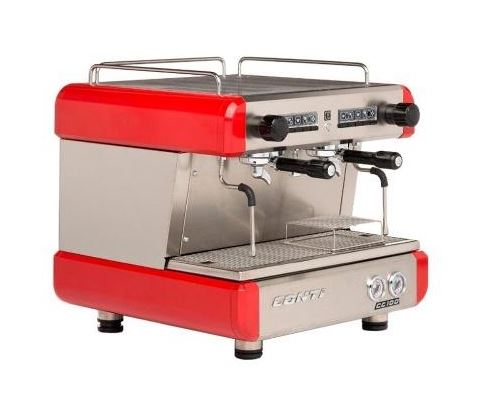 Angled side front view silver and red double brew espresso machine with front controls