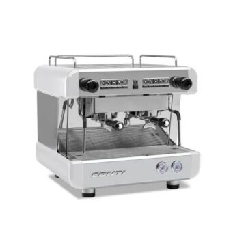Angled front view double brew espresso stainless steel machine front controls