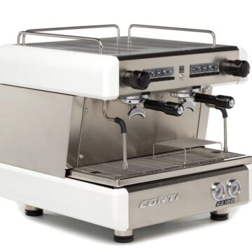 Angled front view double brew espresso stainless steel machine front controls