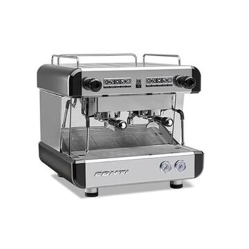 Angled front view silver and black double brew espresso machine with front controls