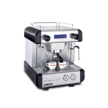 Angled front view espresso machine silver and black with two espresso coffee cups