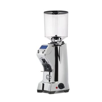 Side view of stainless steel espresso grinder