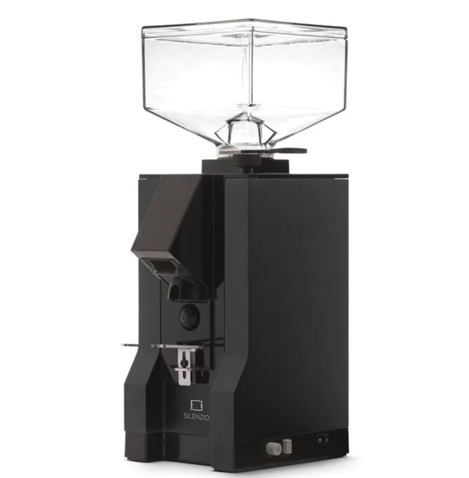 Right angled view black and clear espresso grinder