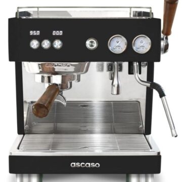 Front view black with wooden handles and front control panel espresso machine