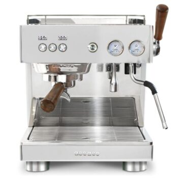 Front view white with wooden handles and front control panel espresso machine