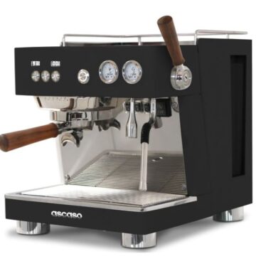 Angled right side view black with wooden handles and front control panel espresso machine