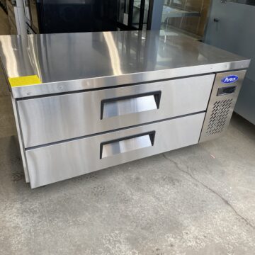Angled view stainless steel double drawer chef base refrigerated