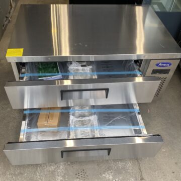 Top view stainless steel double drawer chef base refrigerated with drawers open
