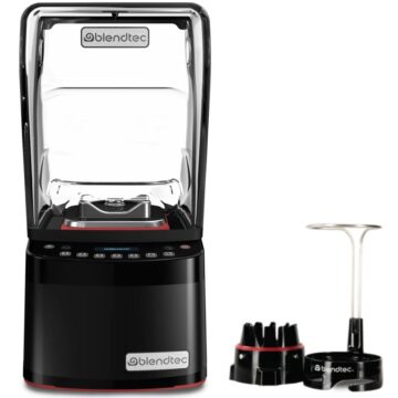 Front view of Blendtec blender with parts on the side