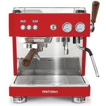 Front view red with wooden handles and front control panel espresso machine