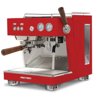 angled right side view red with wooden handles and front control panel espresso machine