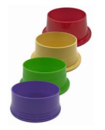 purple, green, yellow, red rings for cups