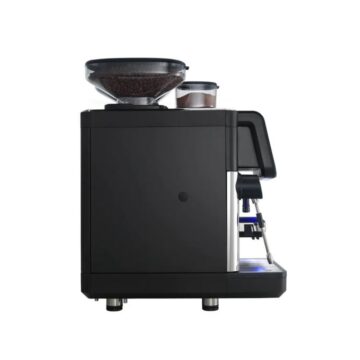 Side view espresso machine with top grinder