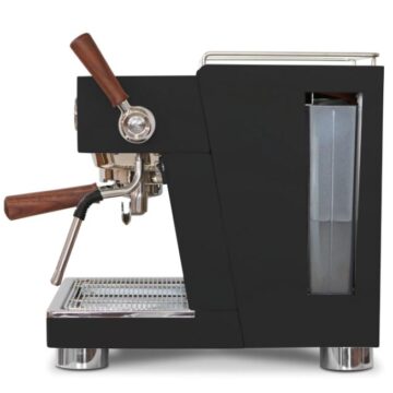 Side view of black with wooden handles espresso machine