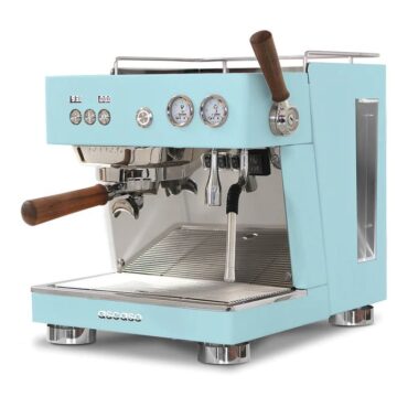 angled right side view blue with wooden handles and front control panel espresso machine