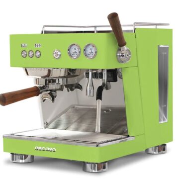 angled right side view green with wooden handles and front control panel espresso machine